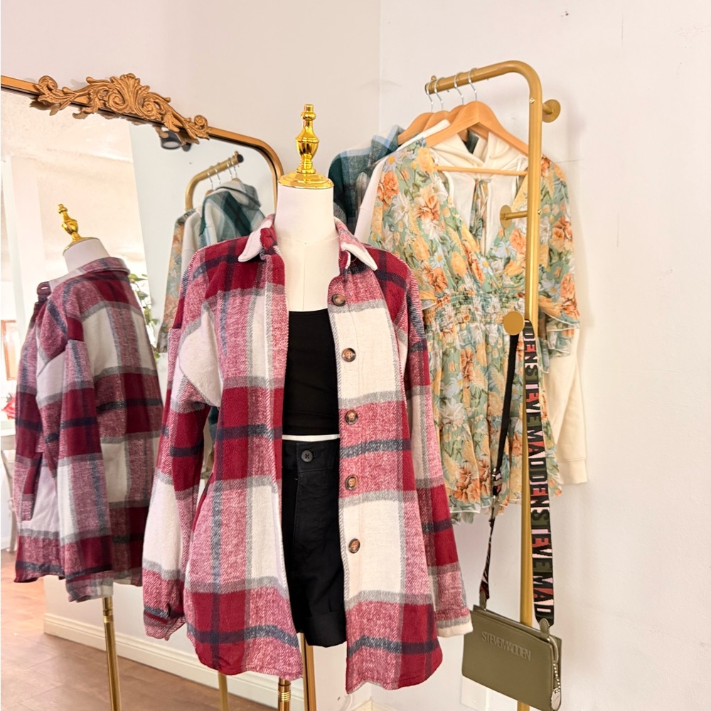 & Other Stories Red White Gray Plaid Shacket